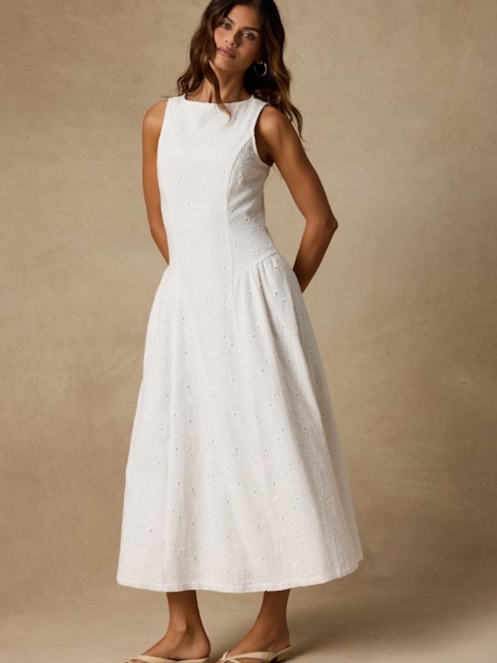 Lulus Dandelion White Eyelet Embroidered Drop Waist Midi Dress - Size XS